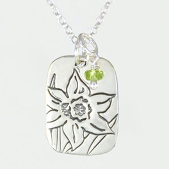 Far Fetched Jewelry - Far Fetched Peridot Daffodil Flower Quote Pendant Necklace 925 Sterling Silver